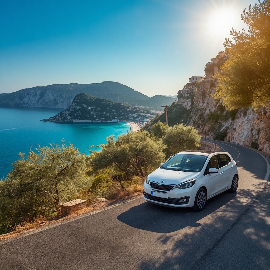 Rental car on a scenic road in Kefalonia